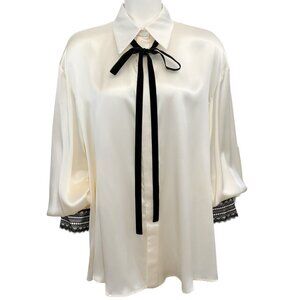 Prune Goldschmidt Ecru Silk Blouse with Black Lace Cuffs